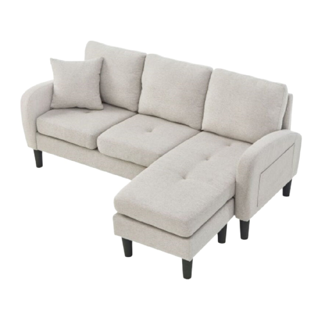 Canapé d'angle en tissu beige avec repose-pieds intégré