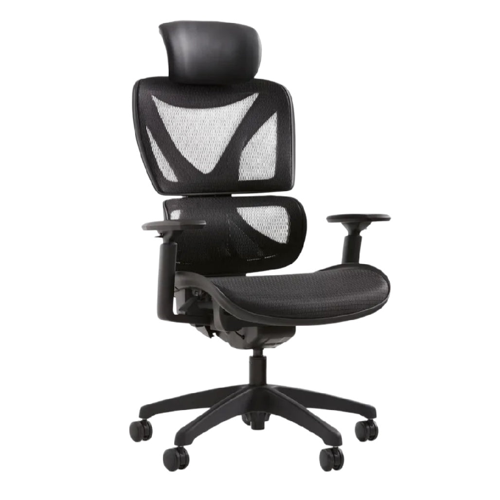 Chaise de bureau ergonomique en maille noire avec appui-tête et accoudoirs réglables