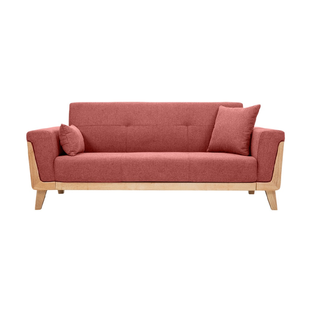 Canapé contemporain en tissu rose avec structure en bois
